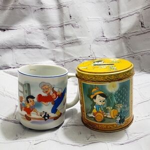 Walt Disney Vintage Pinocchio Mug And Tin Set Japan UK Tea Candy Tin Bank